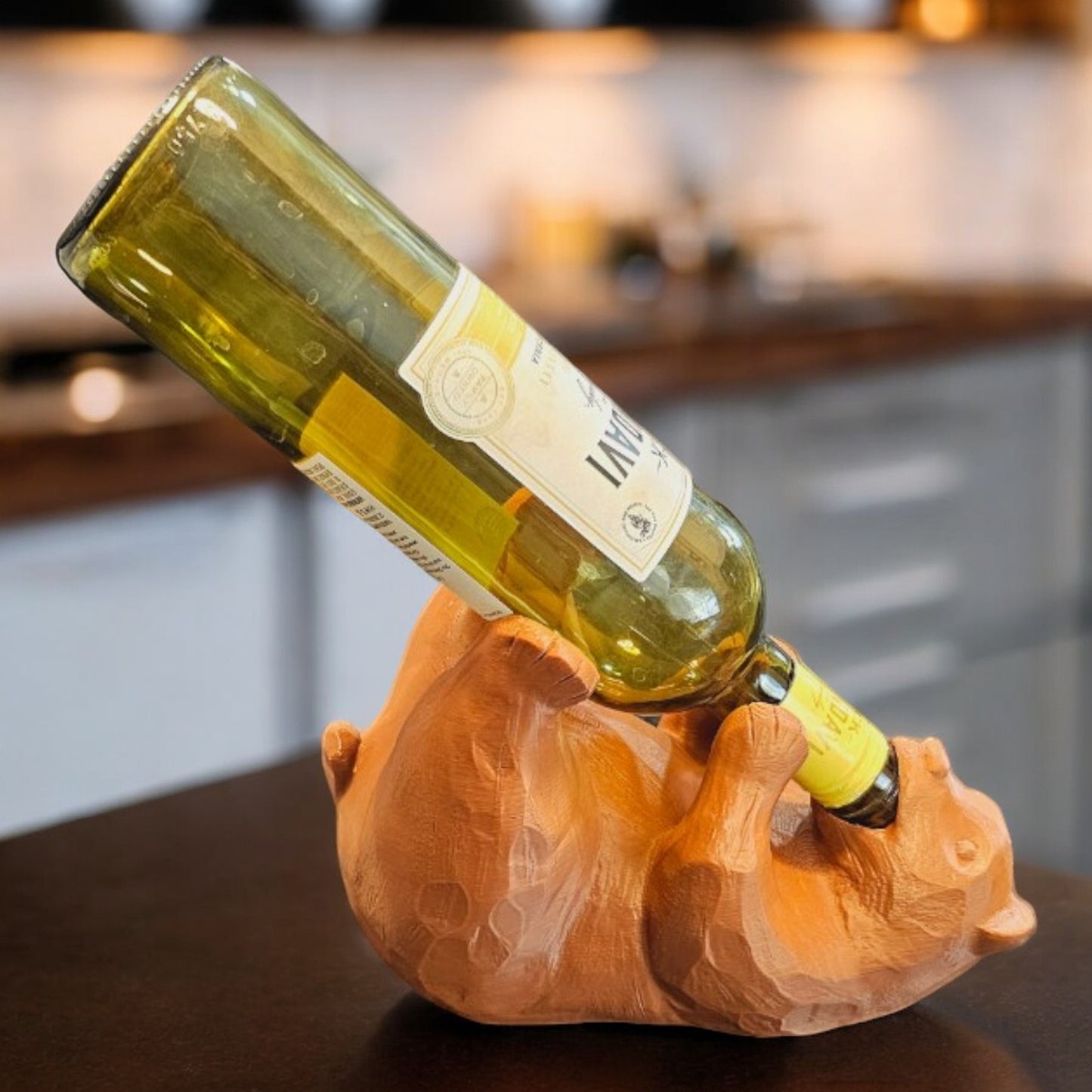 Rustic Carved-Look 3D Printed Bear Wine Bottle Holder